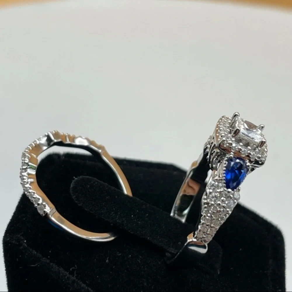 925 Sterling Silver‎ Diamond Sapphire 2 Band Wedding Bridal Engagement Ri…